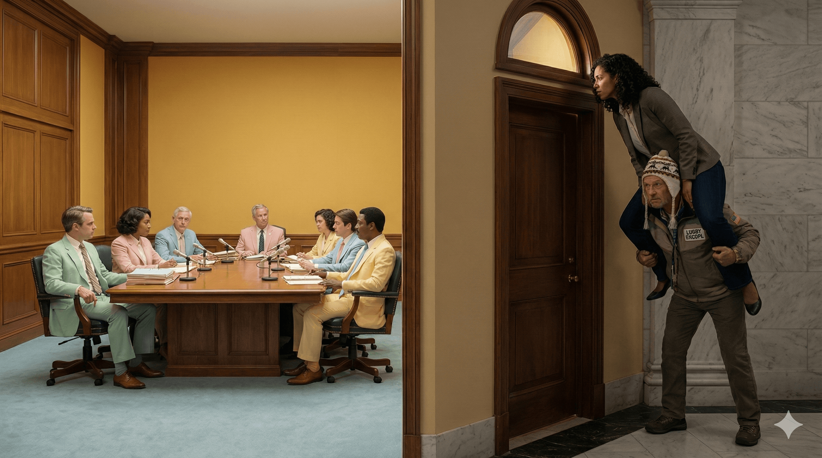 A sherpa lifting someone to see into a closed legislative committee meeting