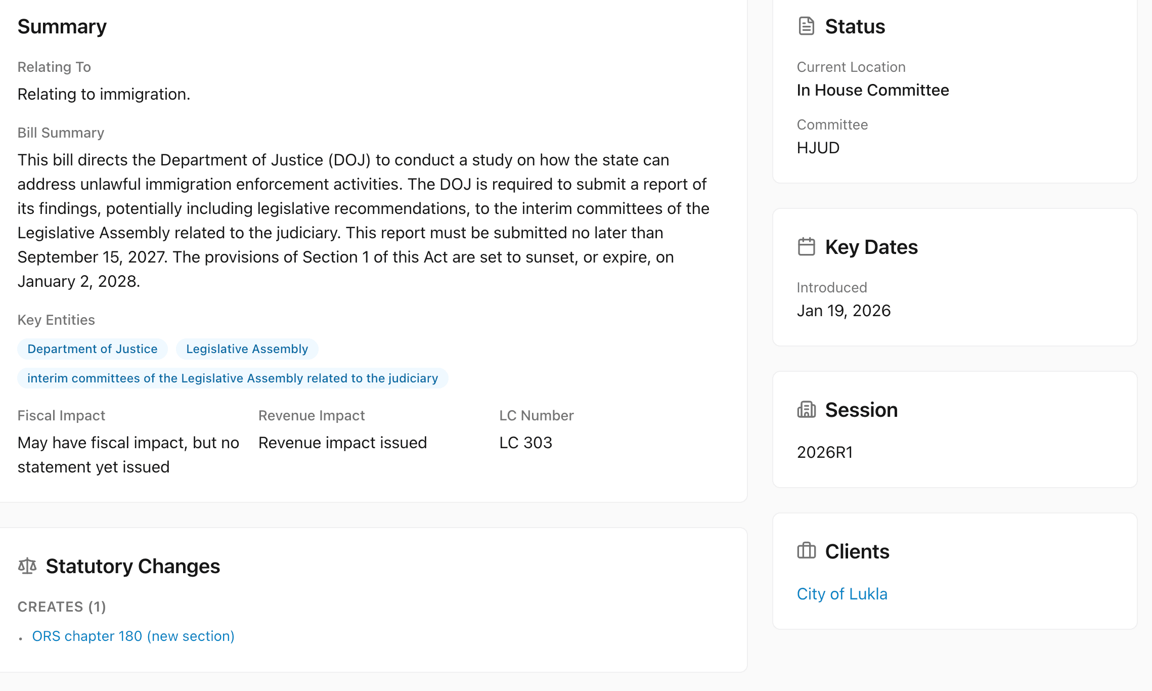 Bill summary with key entities, fiscal impact, status, key dates, and statutory changes